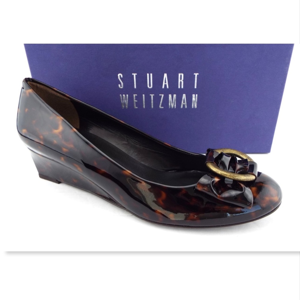 STUART WEITZMAN Tortoise Patent Leather Buckled Bow Wedge Heel Pumps 8.5
